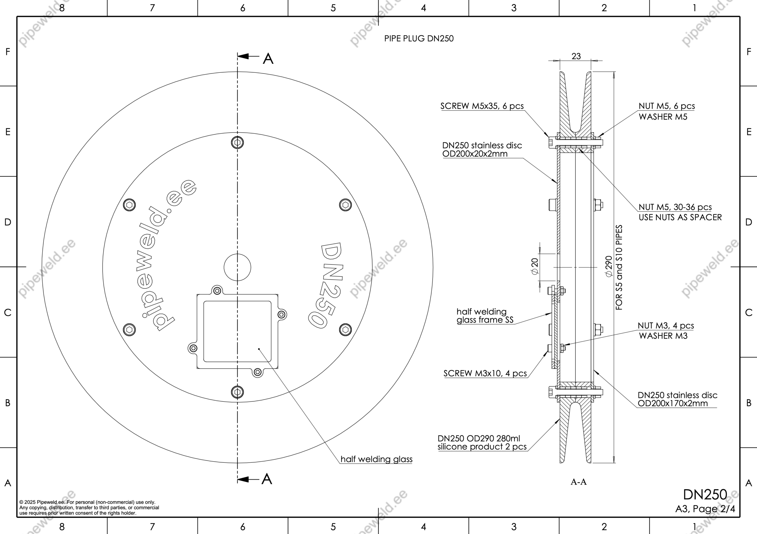 Чертеж силиконовой заглушки 350 мм для системы поддува труб при сварке TIG 